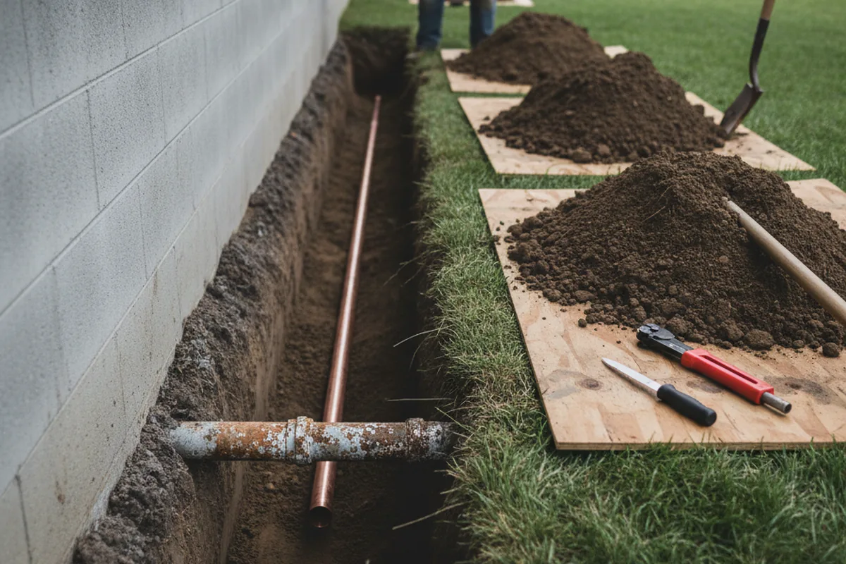 Excavated water line trench during Water Heater Repair in La Quinta